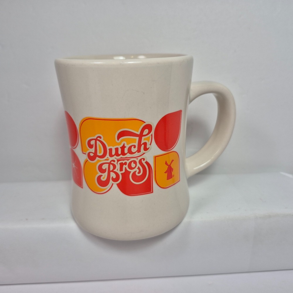 Retro Dutch Bros Coffee Happy Holidays Mug Orange Yellow 5" Tall Heavy